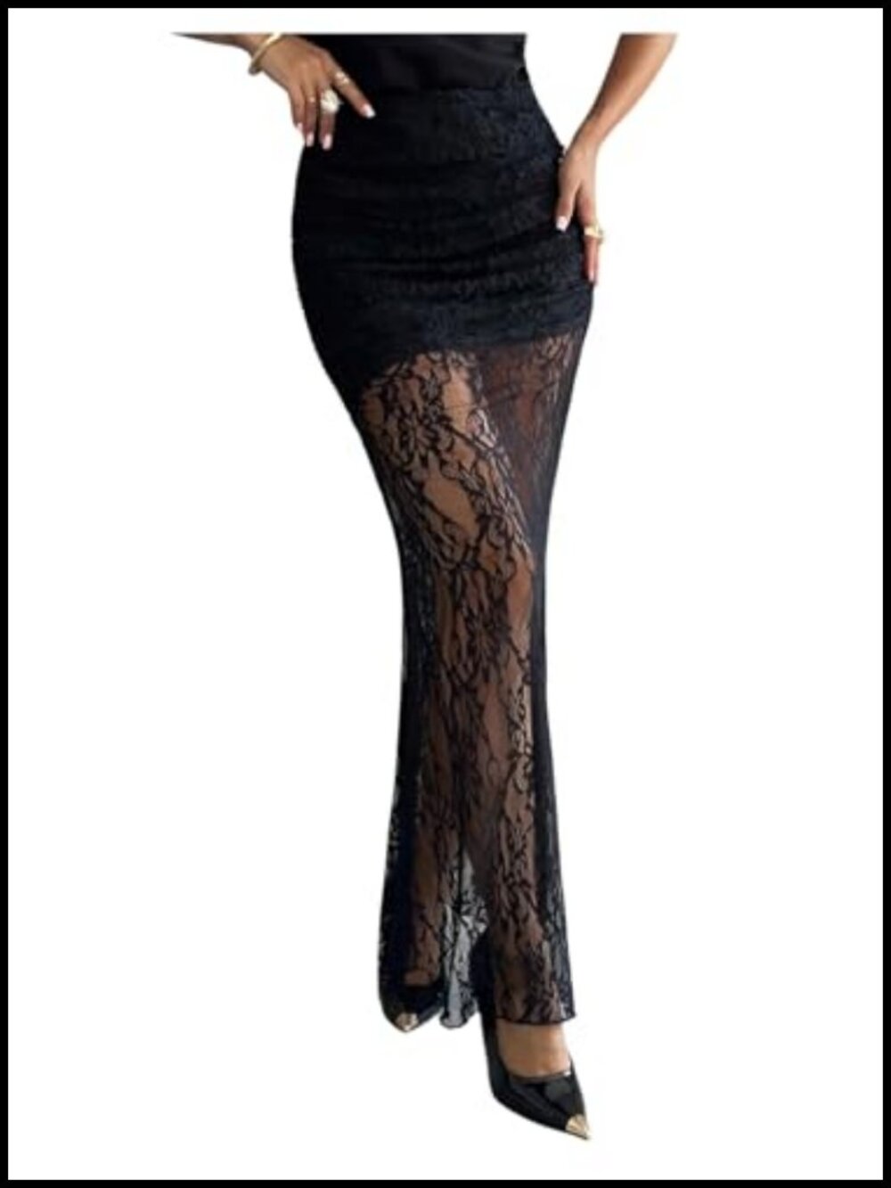 Sheer Lace Maxi Skirt High Waisted Y2K Goth Bodycon Long Skirts